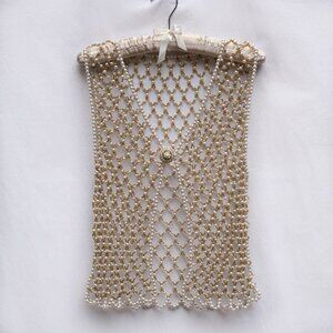 Vintage Pearl & Gold Hand-Beaded Mesh Vest – Statement Couture Top